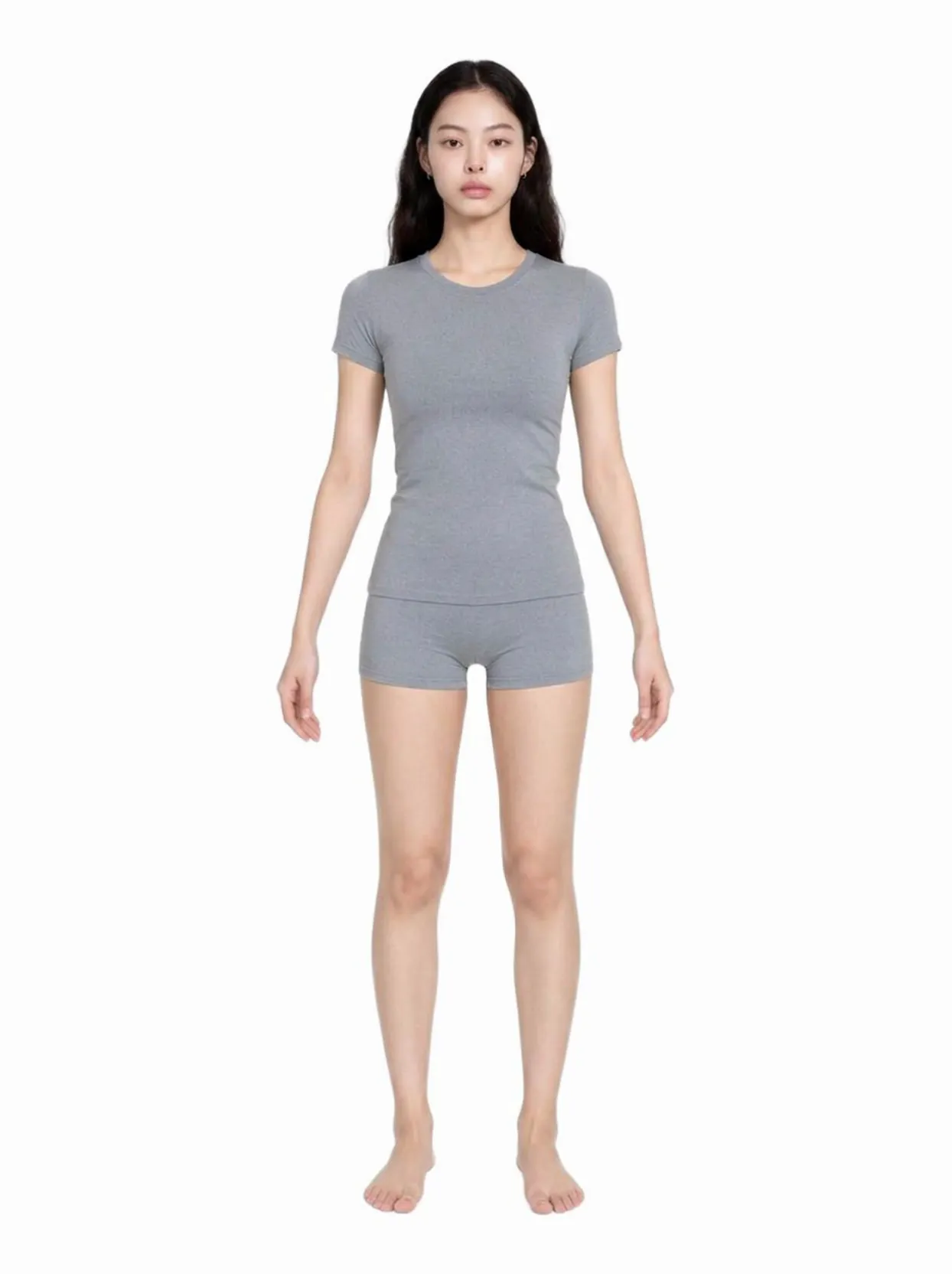 A body model standing straight, cast from a height and a weight — then coming to life.
