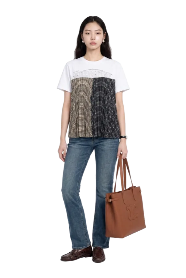 The same printed tee worn with straight jeans and loafers.